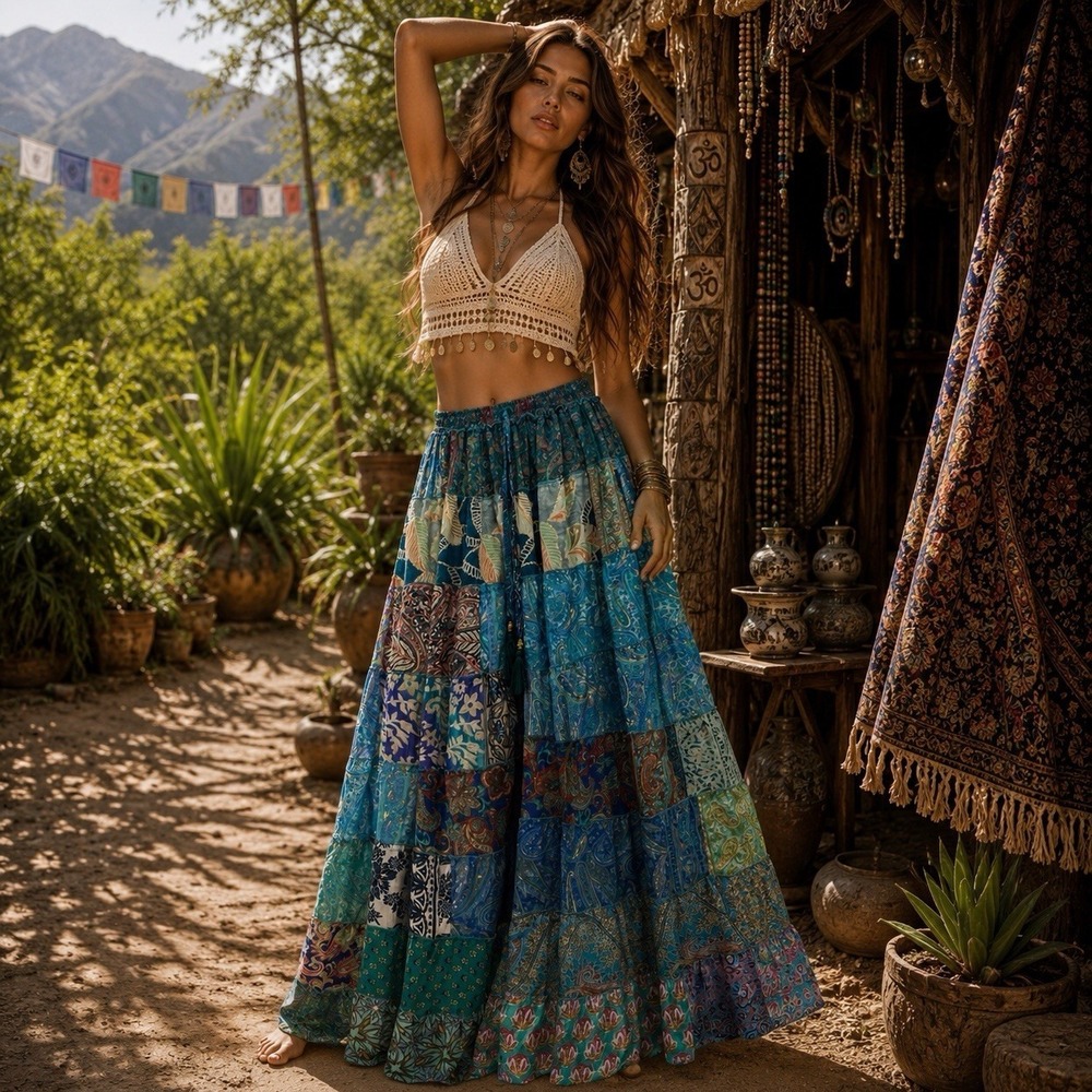 Boho Patchwork Skirt Silk Bld Handmade Maxi Festival Hippie One Size Drawstring